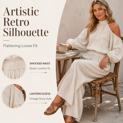 🌸 Női vállkivágásos, nyakba akasztható felső és széles szárú nadrág szett – Boho elegancia & lenvászon-szerű légáteresztő képesség ✨