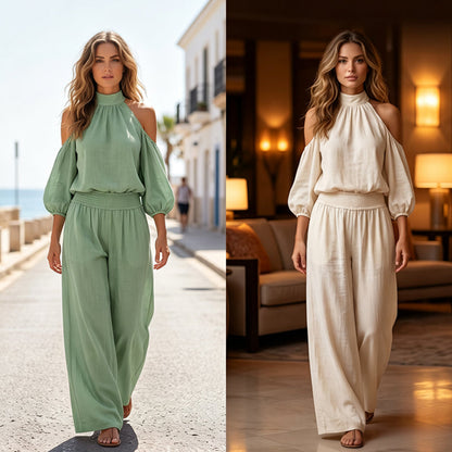 🌸 Női vállkivágásos, nyakba akasztható felső és széles szárú nadrág szett – Boho elegancia & lenvászon-szerű légáteresztő képesség ✨