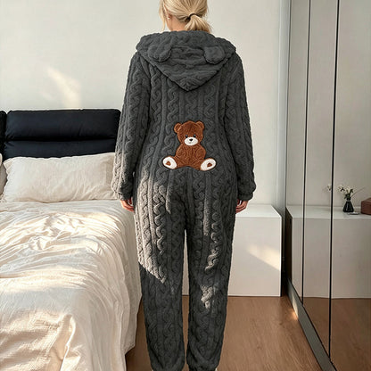 💖💖🐻 Játékos kényelem | Női kapucnis, csavart kötésű otthoni szett medvemintás hímzéssel