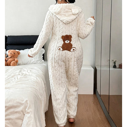 💖💖🐻 Játékos kényelem | Női kapucnis, csavart kötésű otthoni szett medvemintás hímzéssel