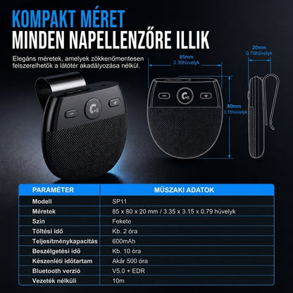 🚗 SP11 autó napellenző Bluetooth kihangosító, rezgésérzékelős automatikus bekapcsolás, A2DP támogatás és hívóazonosító hangos értesítés